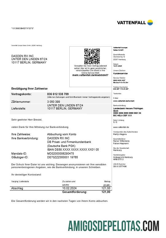 realista Modelo de conta de serviços públicos VATTENFALL da Alemanha em formatos Word e PDF